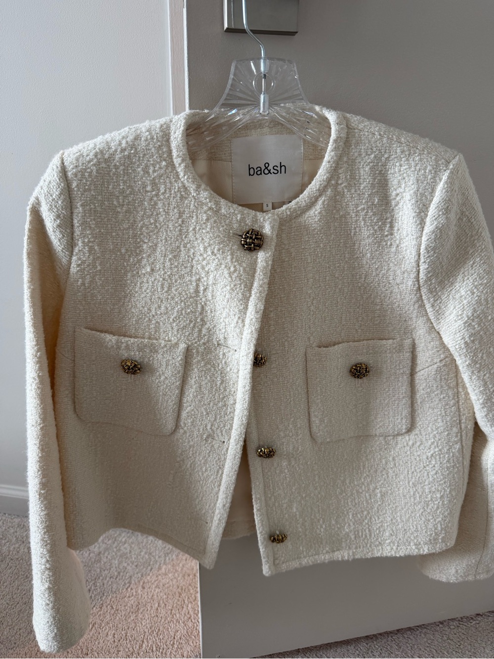 ba&sh Cream Bouclé Jacket with Gold Knot Button - Picture 2 of 4